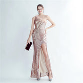 High Density Ostrich Hair Sequ Positioning Floral Oblique Shoulder Collar High End Evening Dress